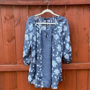 Fred FD David Blouse Plus Size 2X Peasant BOHO Top Blue white floral Tunic